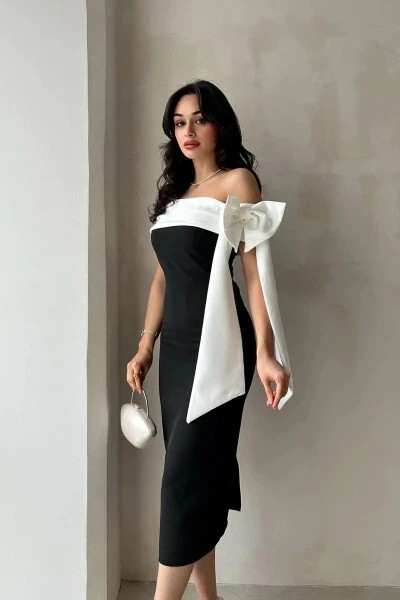 Brıanna Juft Rangli Midi Kamarli Ko'ylak - QORA - ALFUDO Moda Collection