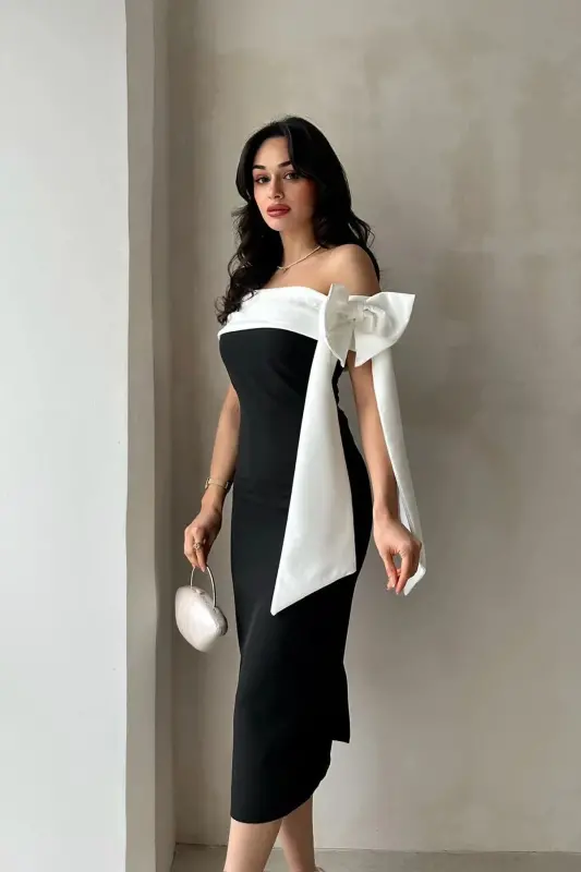 Brıanna Juft Rangli Midi Kamarli Ko'ylak - QORA - ALFUDO MODA COLLECTION