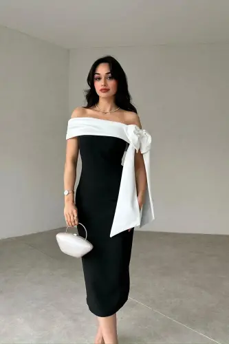 Brıanna Juft Rangli Midi Kamarli Ko'ylak - QORA - 2