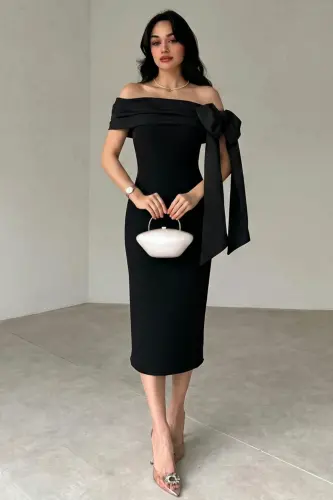 Brianna Siyah Renk Midi Kemerli Elbise - Siyah-SİYAH - ALFUDO MODA COLLECTION (1)