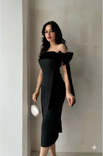 Brianna Siyah Renk Midi Kemerli Elbise-Siyah - 1