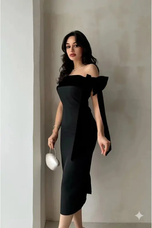 Brianna Siyah Renk Midi Kemerli Elbise-Siyah - ALFUDO MODA COLLECTION