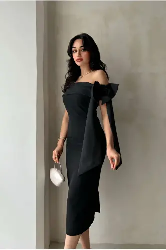Brianna Siyah Renk Midi Kemerli Elbise - Siyah-SİYAH - 1