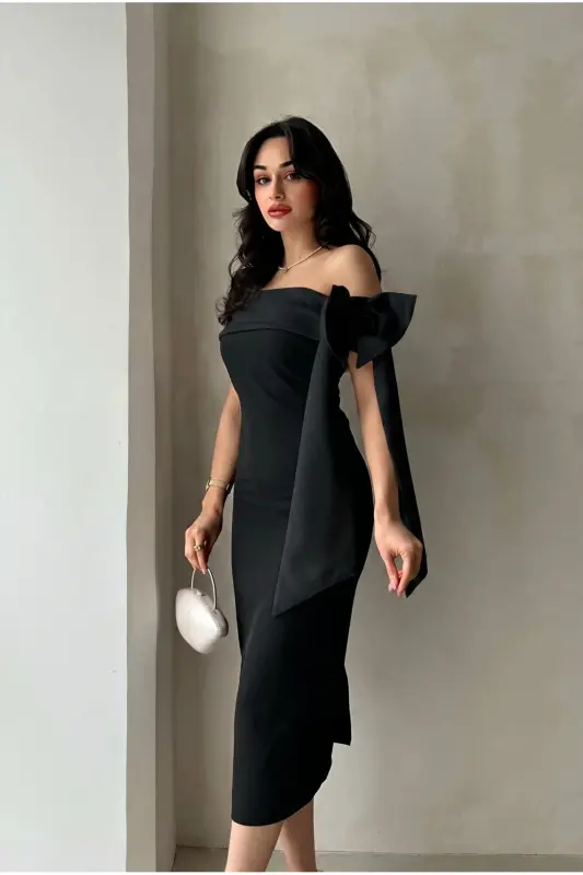 Brianna Siyah Renk Midi Kemerli Elbise - Siyah-SİYAH - 1