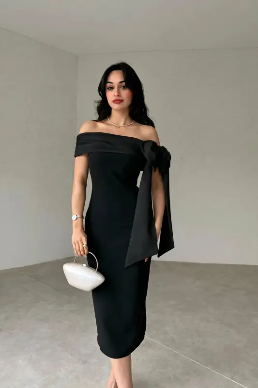 Brianna Siyah Renk Midi Kemerli Elbise - Siyah-SİYAH - 3