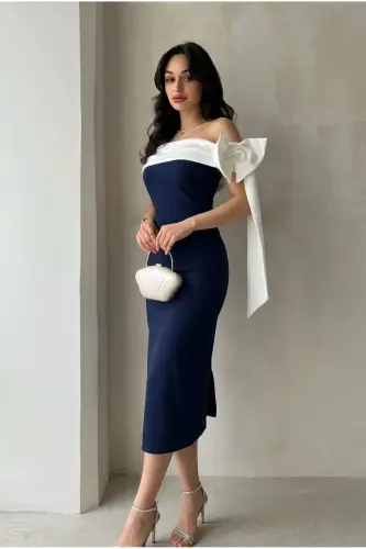 Brıanna Two Color Midi Belted-Navy Blue - 2