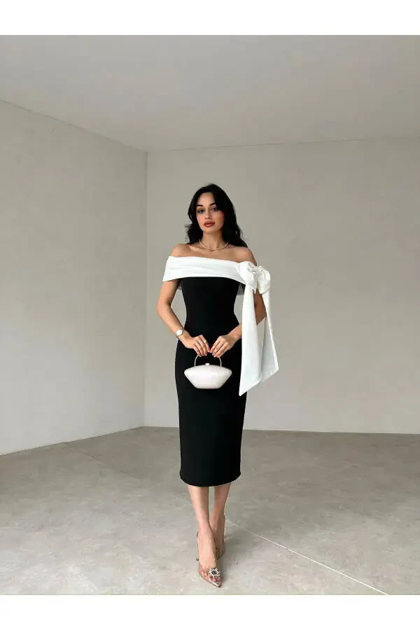 Brıanna Two Color Midi Dress-BLACK - 3