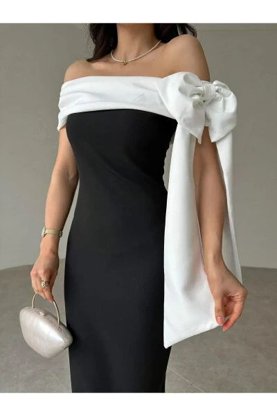 Brıanna Two Color Midi Dress-BLACK - 4