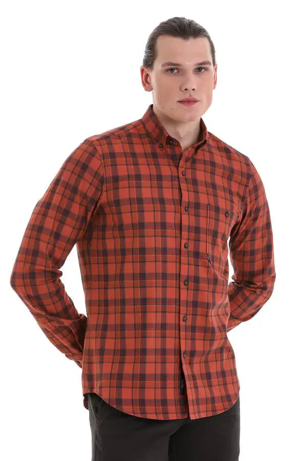 Brick Comfort Fit Plaid 100% Cotton Button-Down Collar - 1