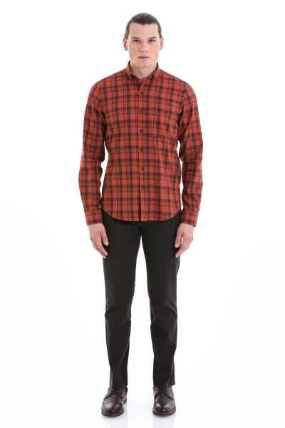 Brick Comfort Fit Plaid 100% Cotton Button-Down Collar - 2