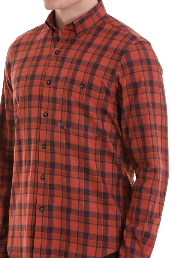 Brick Comfort Fit Plaid 100% Cotton Button-Down Collar - 5