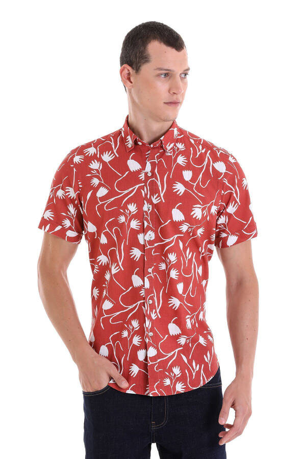 Brick Comfort Fit Printed Button-Down Collar 100% Cotton - 1