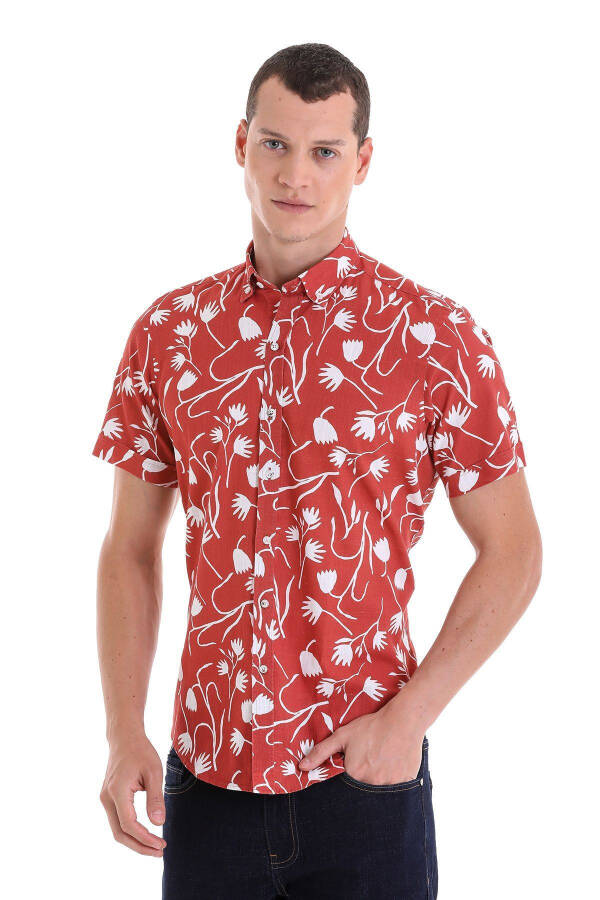 Brick Comfort Fit Printed Button-Down Collar 100% Cotton - 5