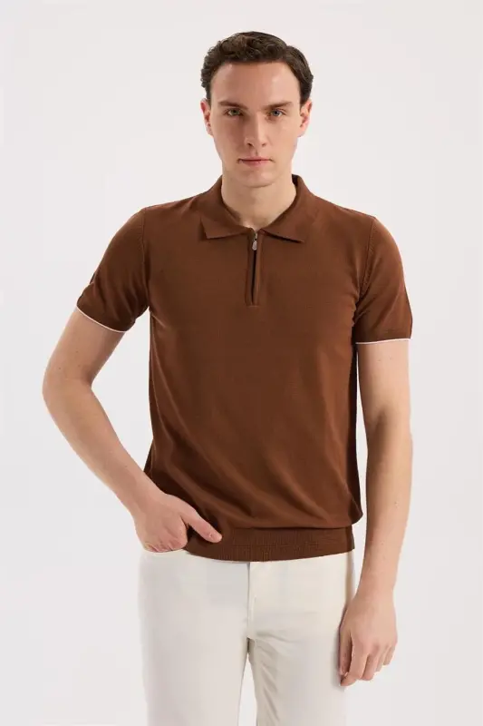 Brick Slim Fit Knitted Zip-Up Polo Collar T-Shirt - 1