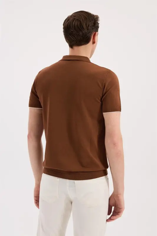 Brick Slim Fit Knitted Zip-Up Polo Collar T-Shirt - 4