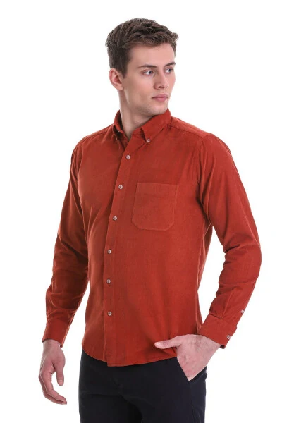 Brick Slim Fit Plain 100% Cotton Buttoned Collar Long - 4