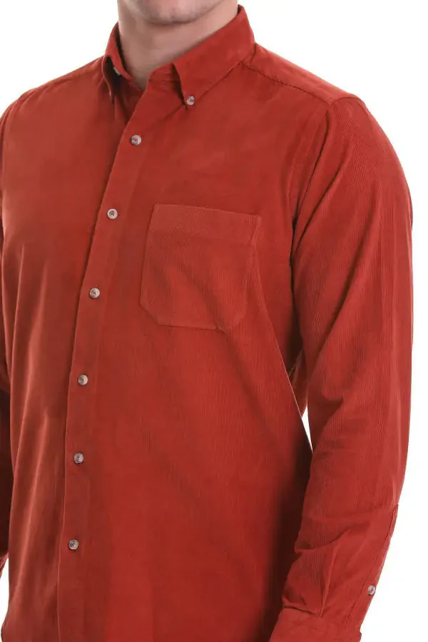Brick Slim Fit Plain 100% Cotton Buttoned Collar Long - 5