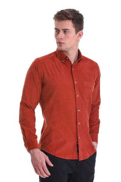Brick Slim Fit Plain 100% Cotton Buttoned Collar Long - 3