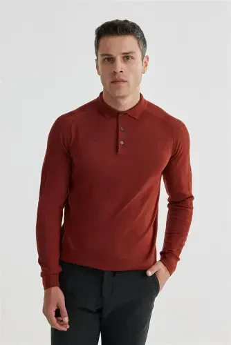Brick Slim Fit Wool Patterned Polo Neck Knit - 1