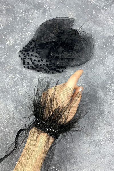 Bridal Accessory Polka Dot Black Wedding Hat And Seren Feathered Wrist Accessory - 7