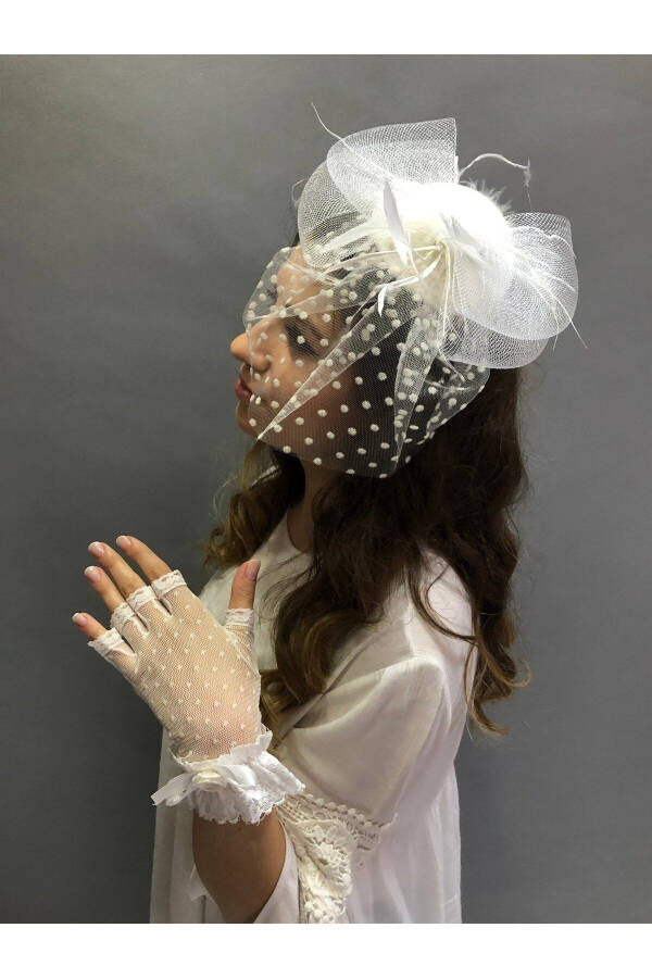 Bridal Accessory White Open Glove - Dotted Veil Wedding Hat - 1