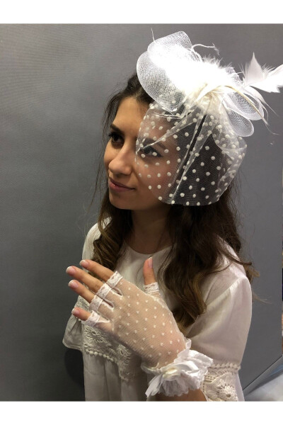 Bridal Accessory White Open Glove - Dotted Veil Wedding Hat - 4