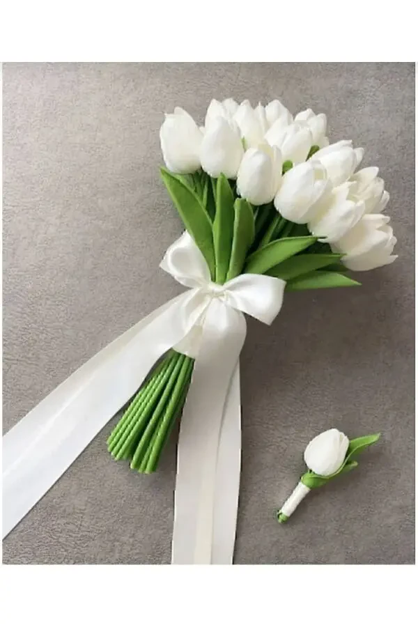 Bridal Bouquet 41 Pieces Tulip Wedding Flower Groom Boutonniere - 1