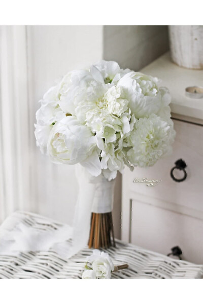 Bridal Bouquet and Groom Boutonniere with Hydrangea, Peony, Chrysanthemum, Chiffon Ribbon - ELEN TASARIM