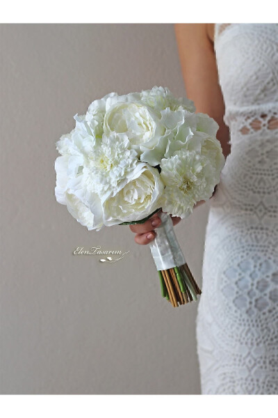 Bridal Bouquet and Groom Boutonniere with Hydrangea, Peony, Chrysanthemum, Chiffon Ribbon - ELEN TASARIM (1)