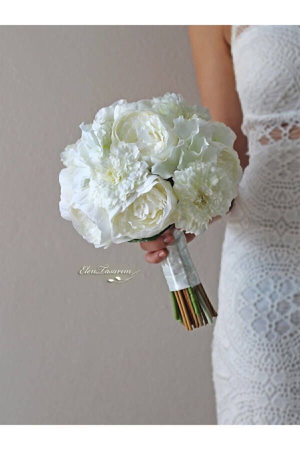 Bridal Bouquet and Groom Boutonniere with Hydrangea, Peony, Chrysanthemum, Chiffon Ribbon - 8