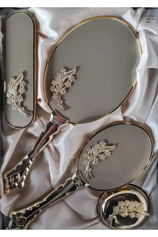 Bridal Dowry Gift Mirror Comb Set 2 Leaves-BURGUNDY - 1