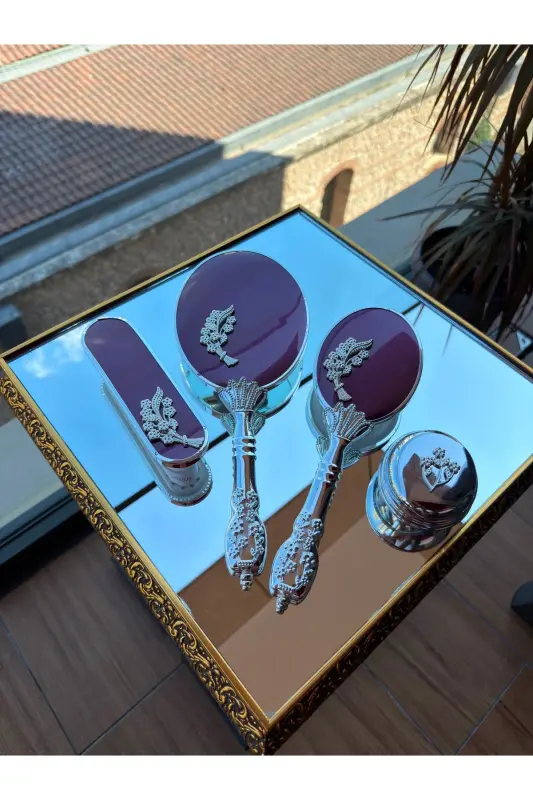 Bridal Dowry Gift Mirror Comb Set 2 Leaves-BURGUNDY - 1