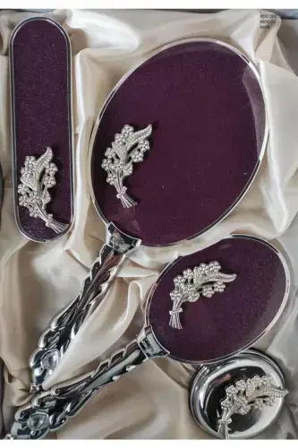 Bridal Dowry Mirror Comb Set 2 Leaves-PURPLE - 1