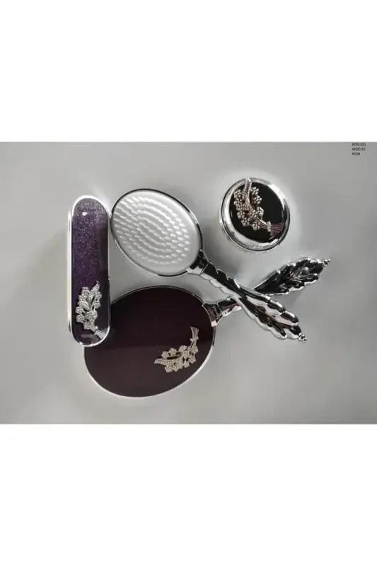 Bridal Dowry Mirror Comb Set 2 Leaves-PURPLE - 3