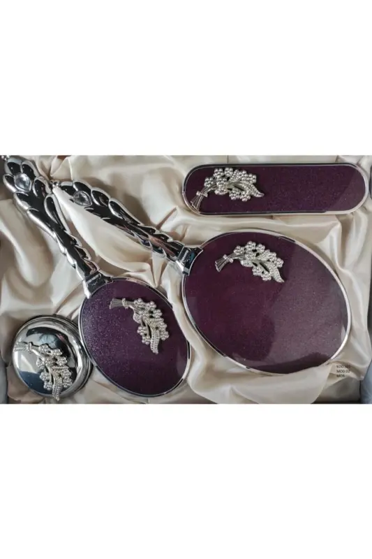 Bridal Dowry Mirror Comb Set 2 Leaves-PURPLE - 2