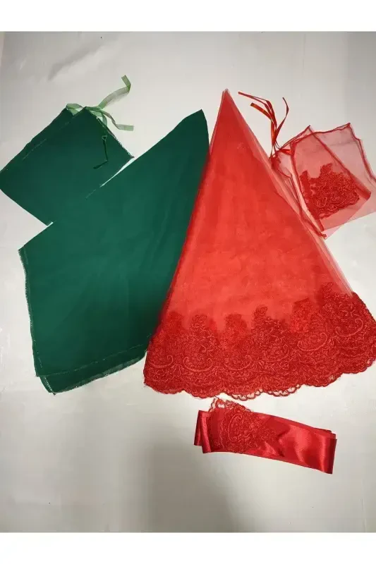 Bridal Henna Veil Set-Green with Red Lace Bride and Groom Fabric Henna Cover Glove and Belt - 1