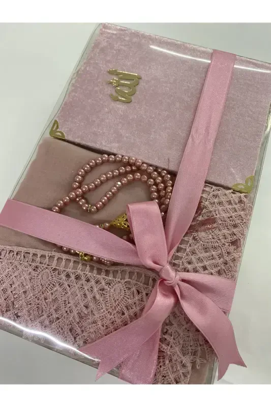 Bridal Set, Gift Set, Bride Bundle Set, Needle Lace Prayer Cover, Yaseen, Rosary-Pink - 1