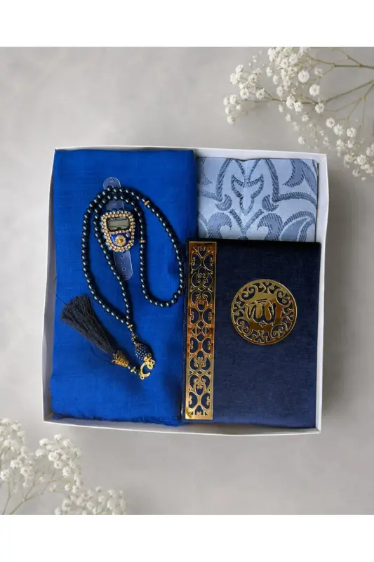Bridal set, Gifts, Bride Bundle Set, Yasin Book, Rosary, Dhikr-Matic, prayer rug Set, Prayer Rug-navy blue - 1