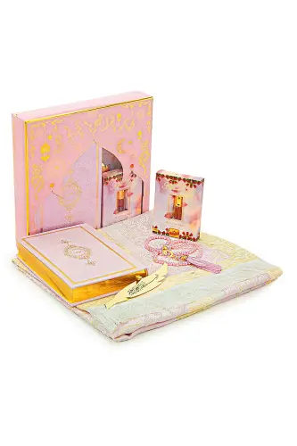 Bridal Shower Gift Set Medina Script Quran and Trousseau Prayer Rug Set Pink-Pink 