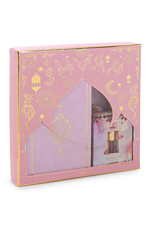 Bridal Shower Gift Set Medina Script Quran and Trousseau Prayer Rug Set Pink-Pink - 5