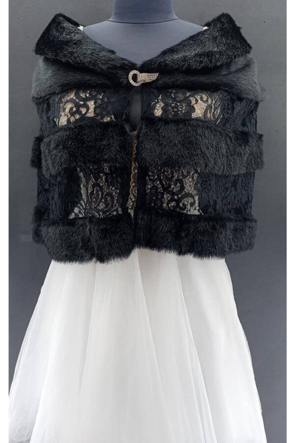 Bridal Stole Fur Bolero with Brooch and Lace Details - 1