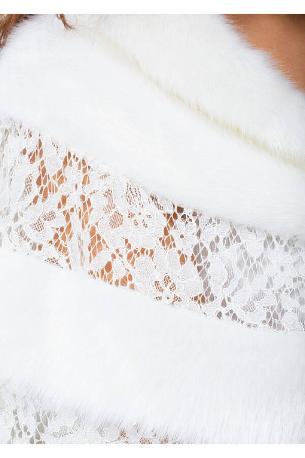 Bridal Stole Fur Bolero with Brooch and Lace Details - 5