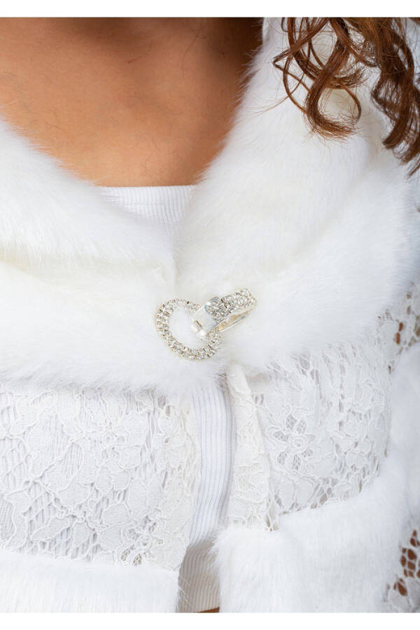 Bridal Stole Fur Bolero with Brooch and Lace Details - 6