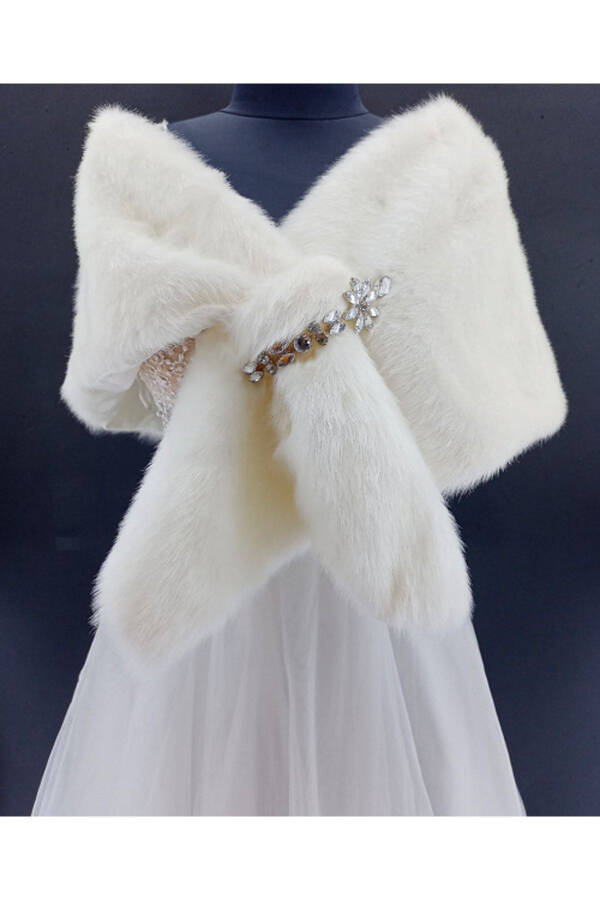 Bridal Stole Fur Bolero with Crystal Stone Brooch - 1