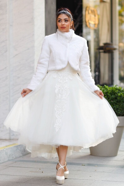 Bridal Stole, Fur, Jacket, Fur Jacket Off White - TURKUAZ