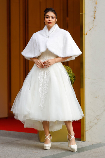 Bridal Stole, Fur, Jacket, Fur Jacket Off White - TURKUAZ