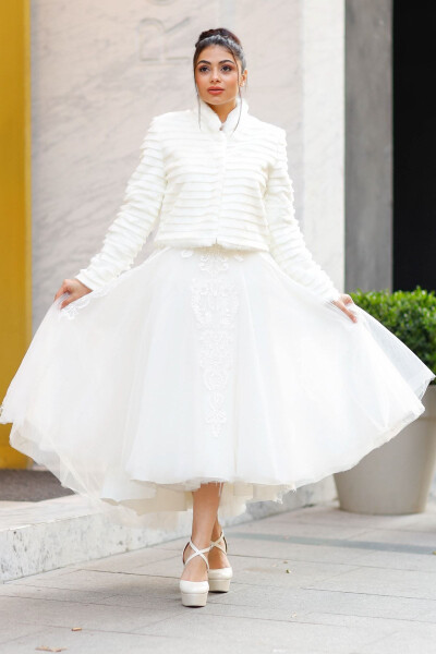 Bridal Stole, Fur, Jacket, Striped Long Sleeve Stole Off-White - TURKUAZ