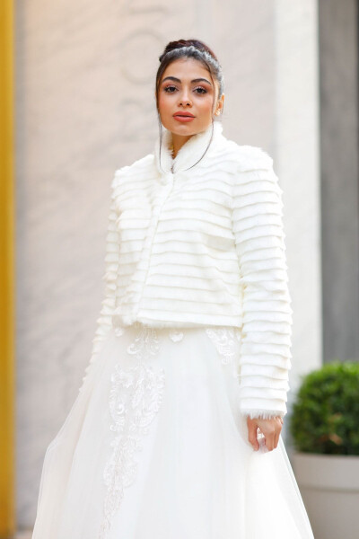 Bridal Stole, Fur, Jacket, Striped Long Sleeve Stole Off-White - TURKUAZ (1)