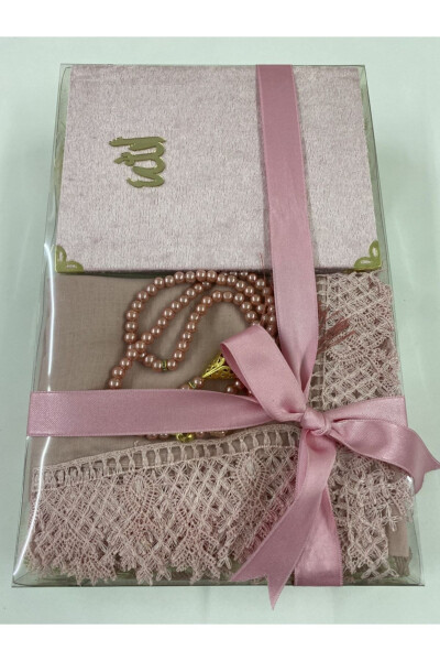 Bridal trousseau set, needle embroidered prayer rug, taffeta prayer rug, Yasin and prayer beads. 