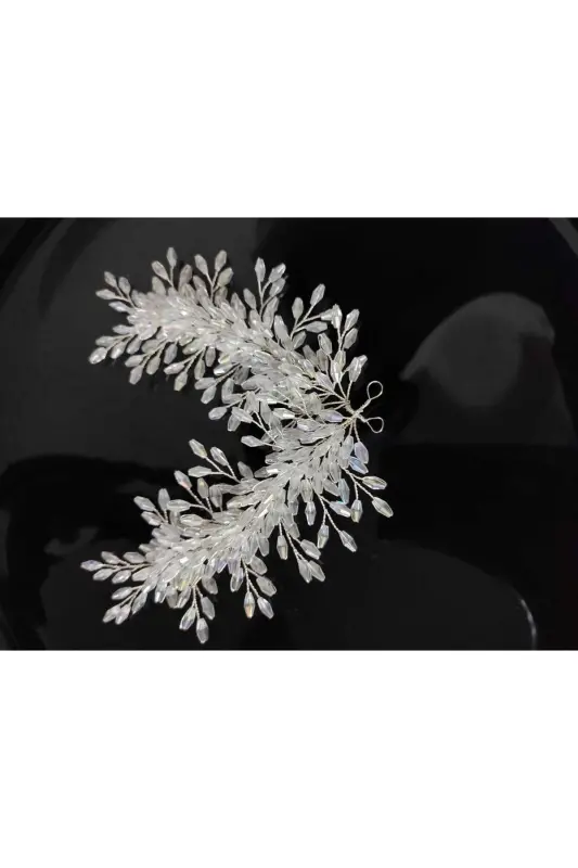 Bridal Veil Henna Wedding and Engagement Crown Pearly Crystal Beaded Handmade-SHINY WHITE - 3